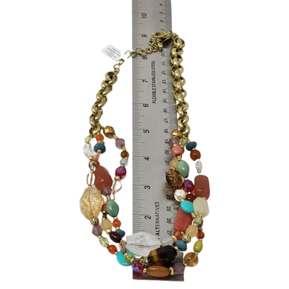 Lia Sophia Tigers Eye, Quartz, Resin Beads Strand Necklace Antique Gold (18-21") - Picture 8 of 10